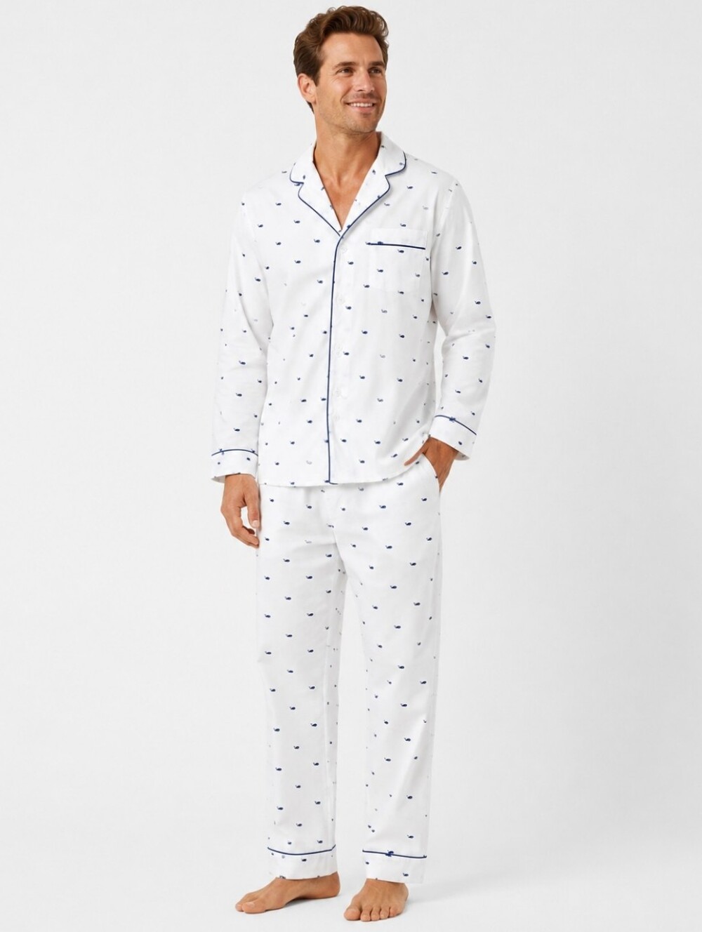 Plume Men's Whale Print 100% Cotton Pajama Set White Blue Size M